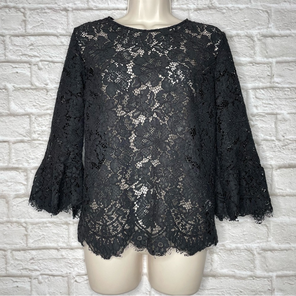 Banana Republic Lace Blouse Women’s S Black Fringe Bell Sleeve Keyhole
